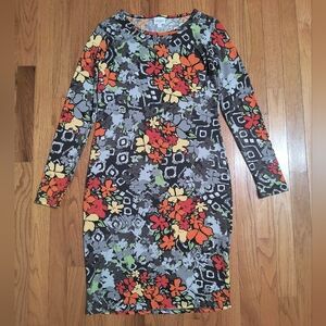 LulaRoe Debbie Dress, Women's Small, Gray/Green/Orange Floral